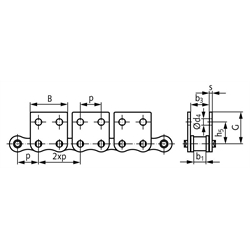 Roller Chain 06B-1 with Straight Attachments M2 = Wide Version, 2 x p, Double -Sided. Pikkus 3jm